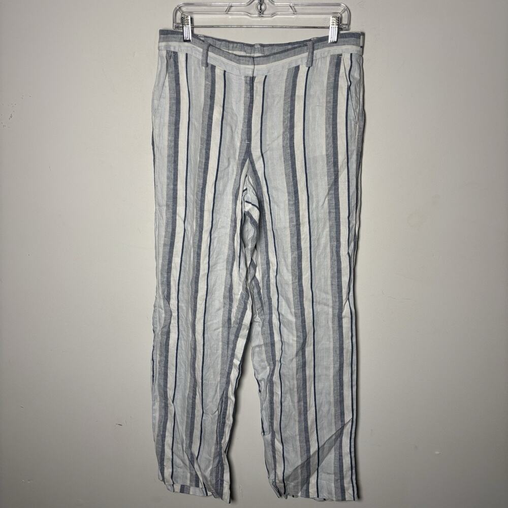 Talbots Womens 100% Linen Striped Flat Front Straight Leg Pants Size 8